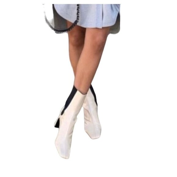 Zara Beige Patent Leather Square Toe Side Goring Heeled Ankle Boots Size 6‎ - Picture 2 of 12